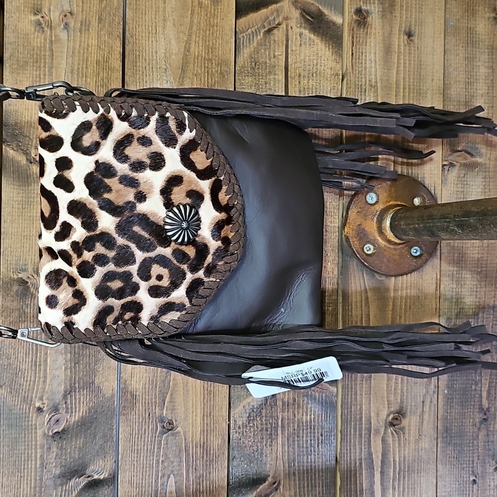 Western Crossbody Bag Tan Brown Leopard  Animal Print with Fringe Cowgirl